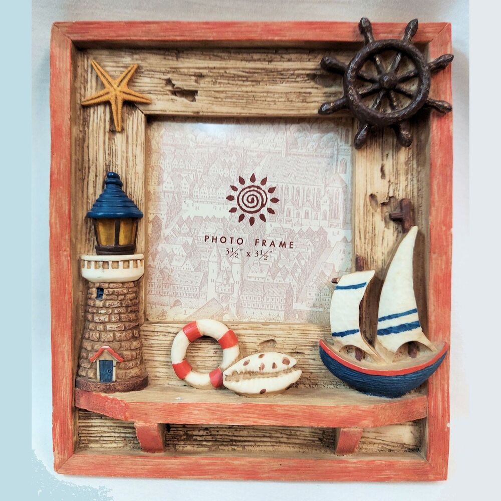 Nautical Photo Frame 3D Marine Life 6.5x5.5" Lighthouse Sailboat Starfish Shell